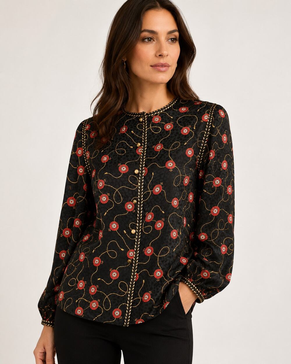 90s Baroque Scarf Print Silk Blouse | Black Red Gold Fleur de Lis Tassel Top | S
